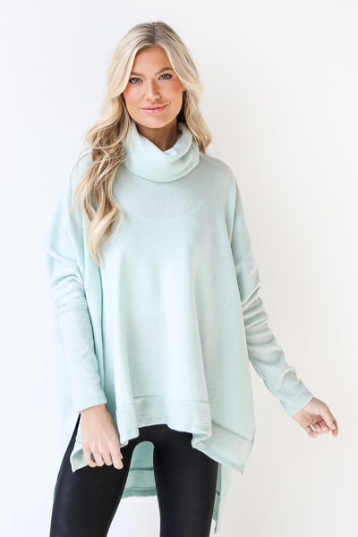 Cowl Neck Sweater in mint on model