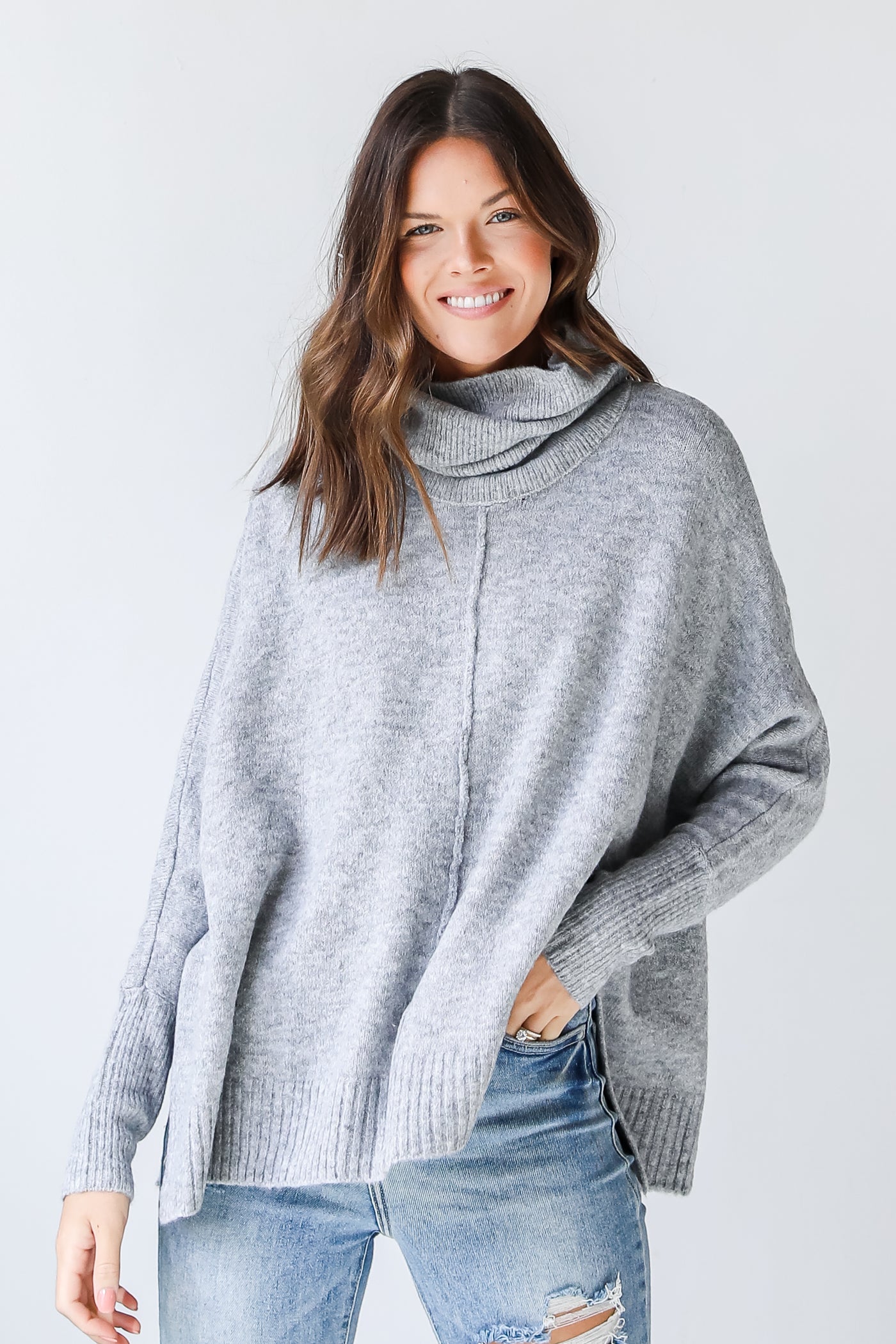 Sweater in heather grey front view