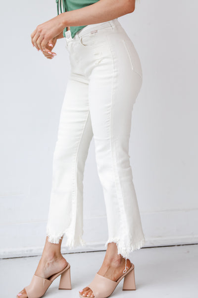 Cream Distressed Cropped Flare Jeans side view