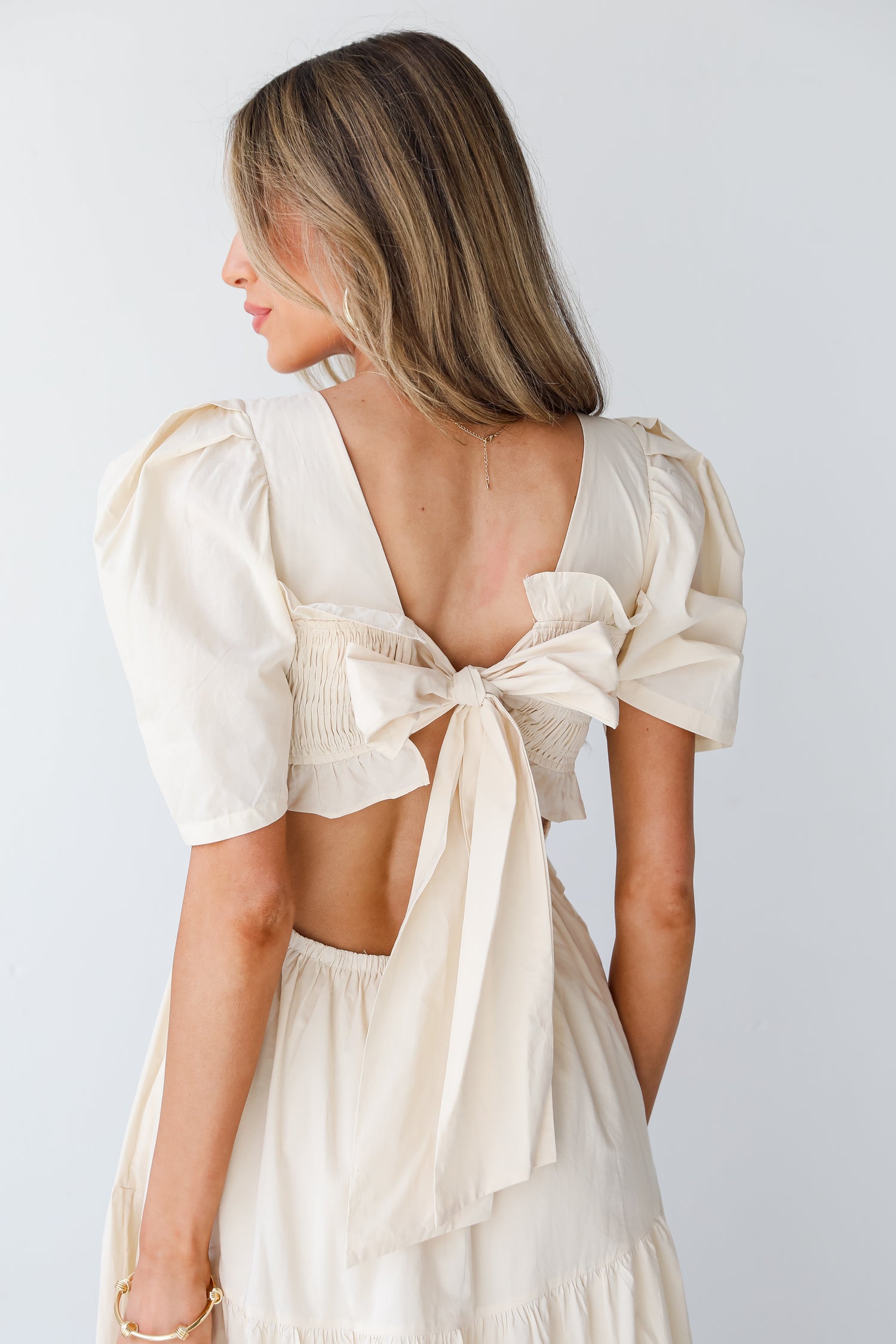 cream Tiered Midi Dress back view close up