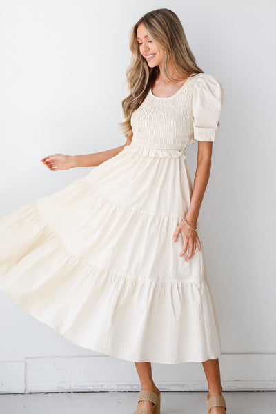 cream Tiered Midi Dress front view on model