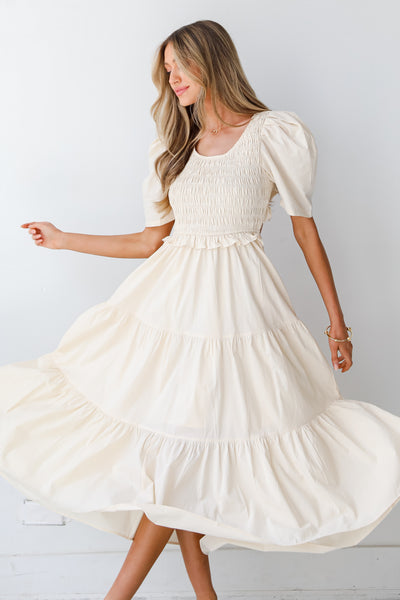 cream Tiered Midi Dress