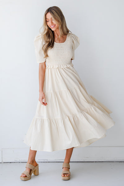 cream Tiered Midi Dress on dress up model