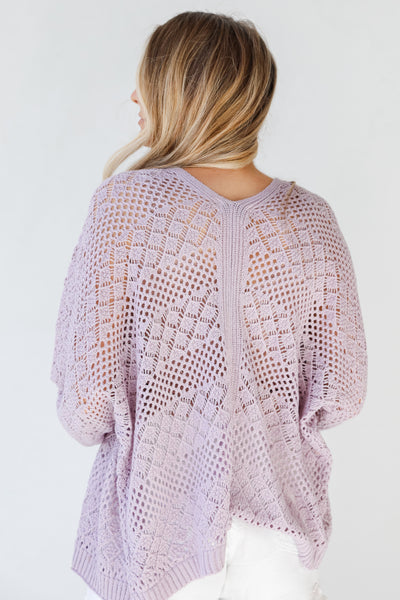 Crochet Knit Cardigan in lavender back view