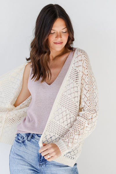 Crochet Knit Cardigan in ivory front view