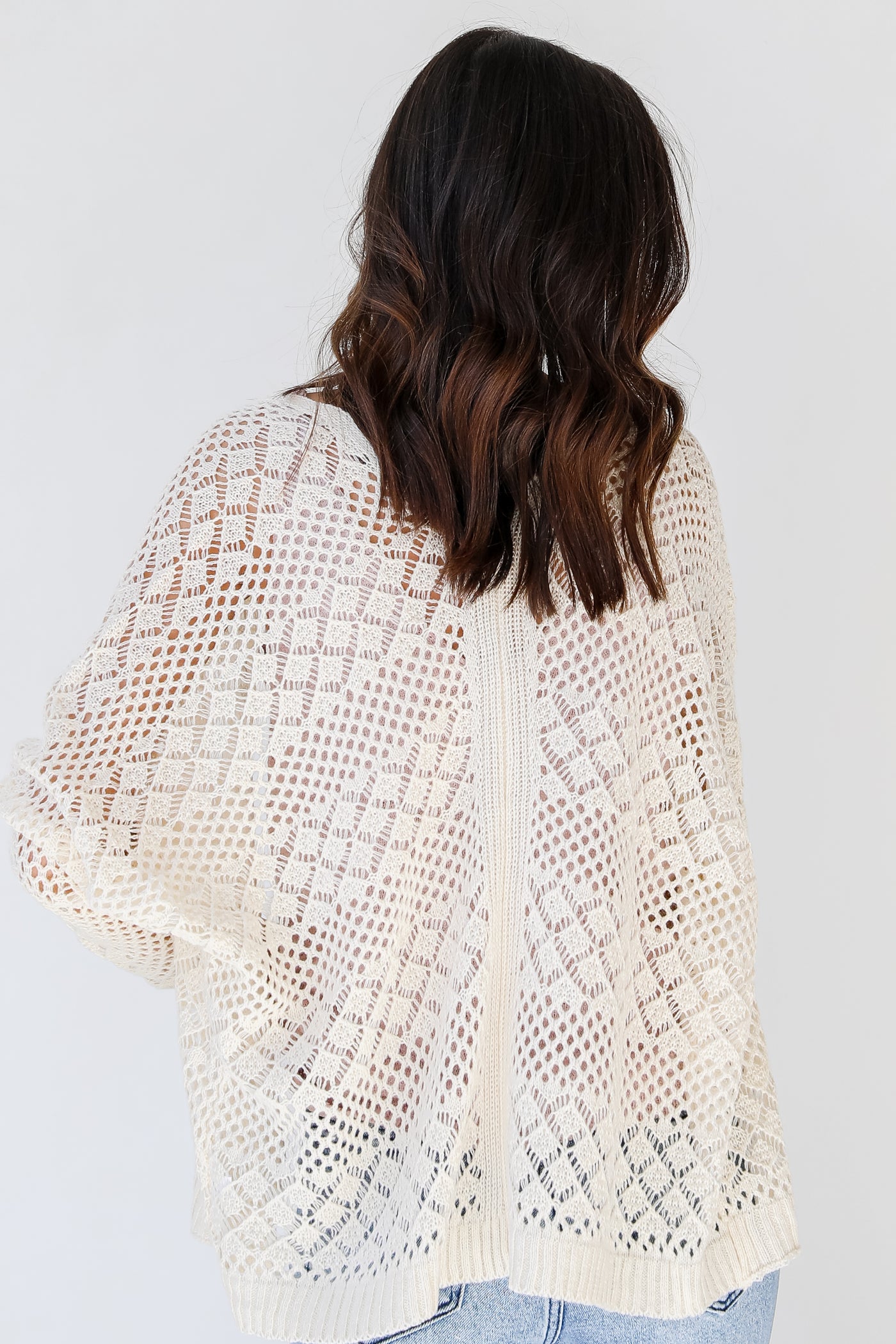Crochet Knit Cardigan in ivory back view
