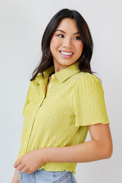 green Cropped Button-Up Blouse side view