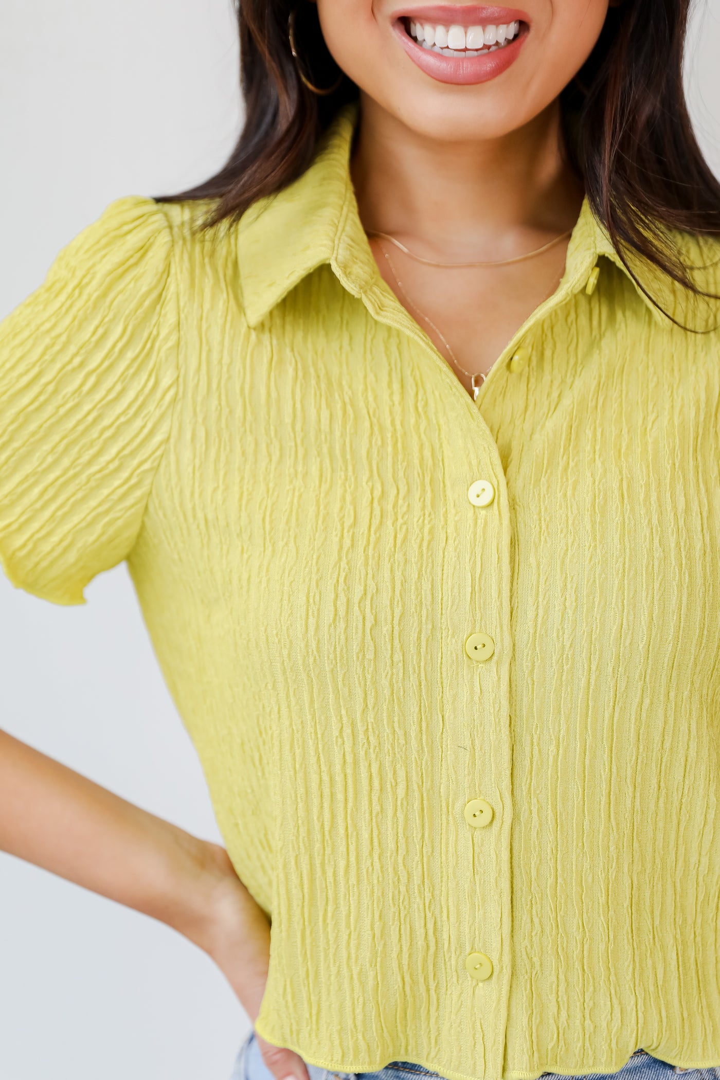 green Cropped Button-Up Blouse close up