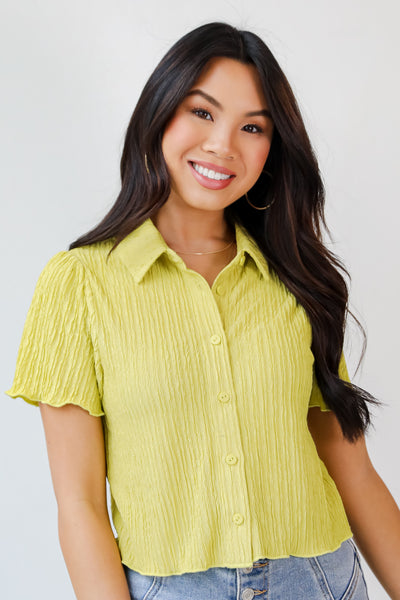 green Cropped Button-Up Blouse