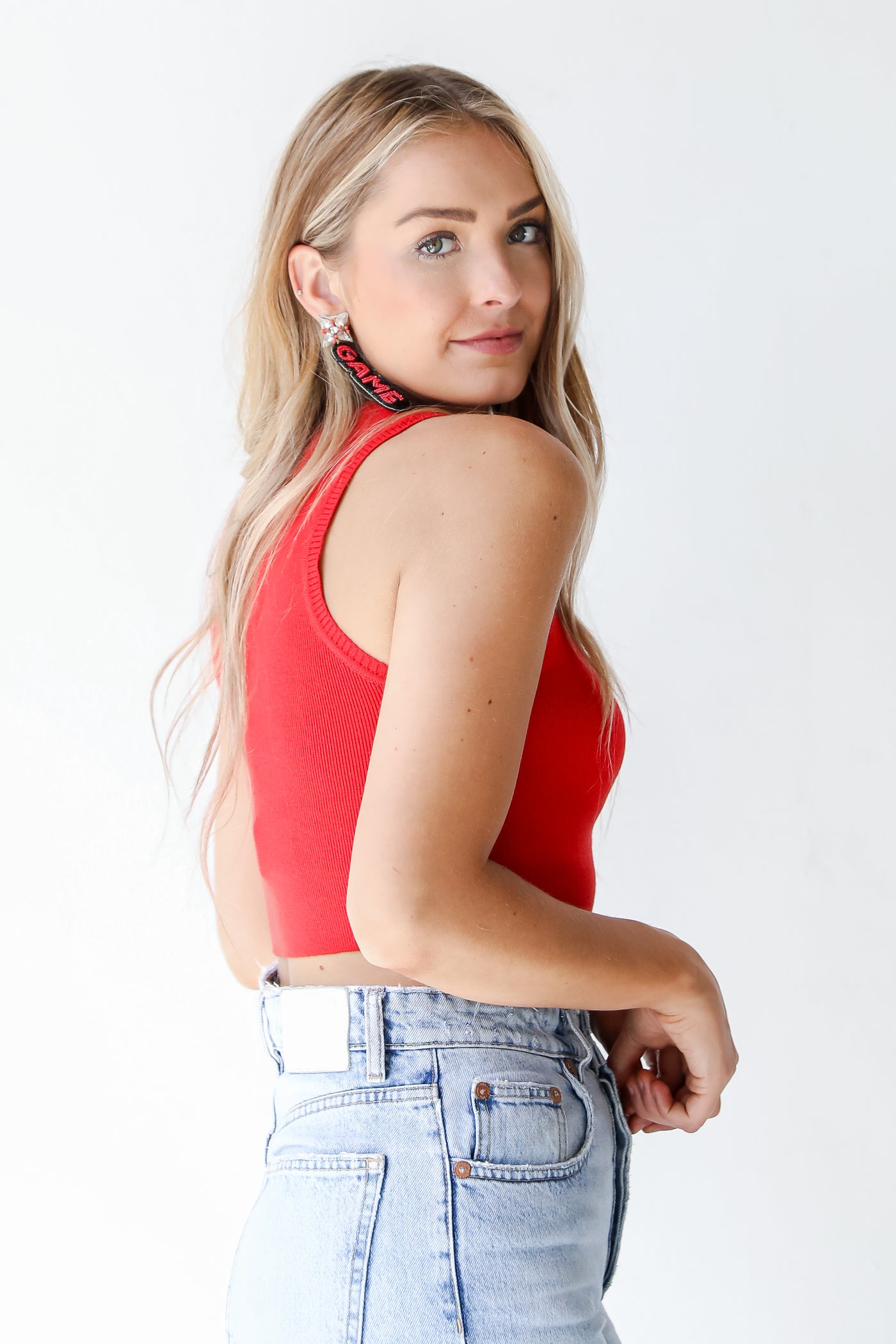 red cropped sweater tank side view