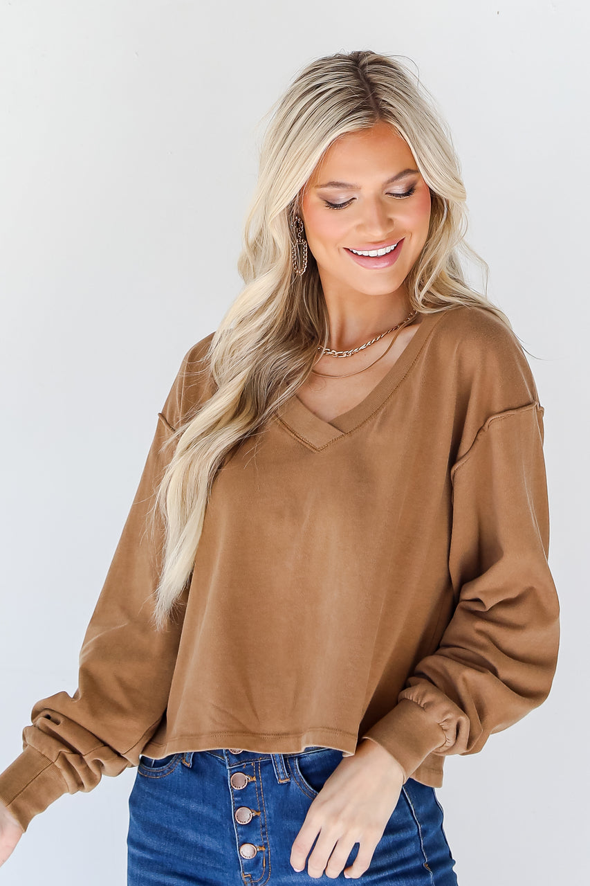 Cropped Pullover in tan front view