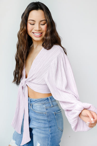 Tie-Front Cropped Blouse in lavender side view