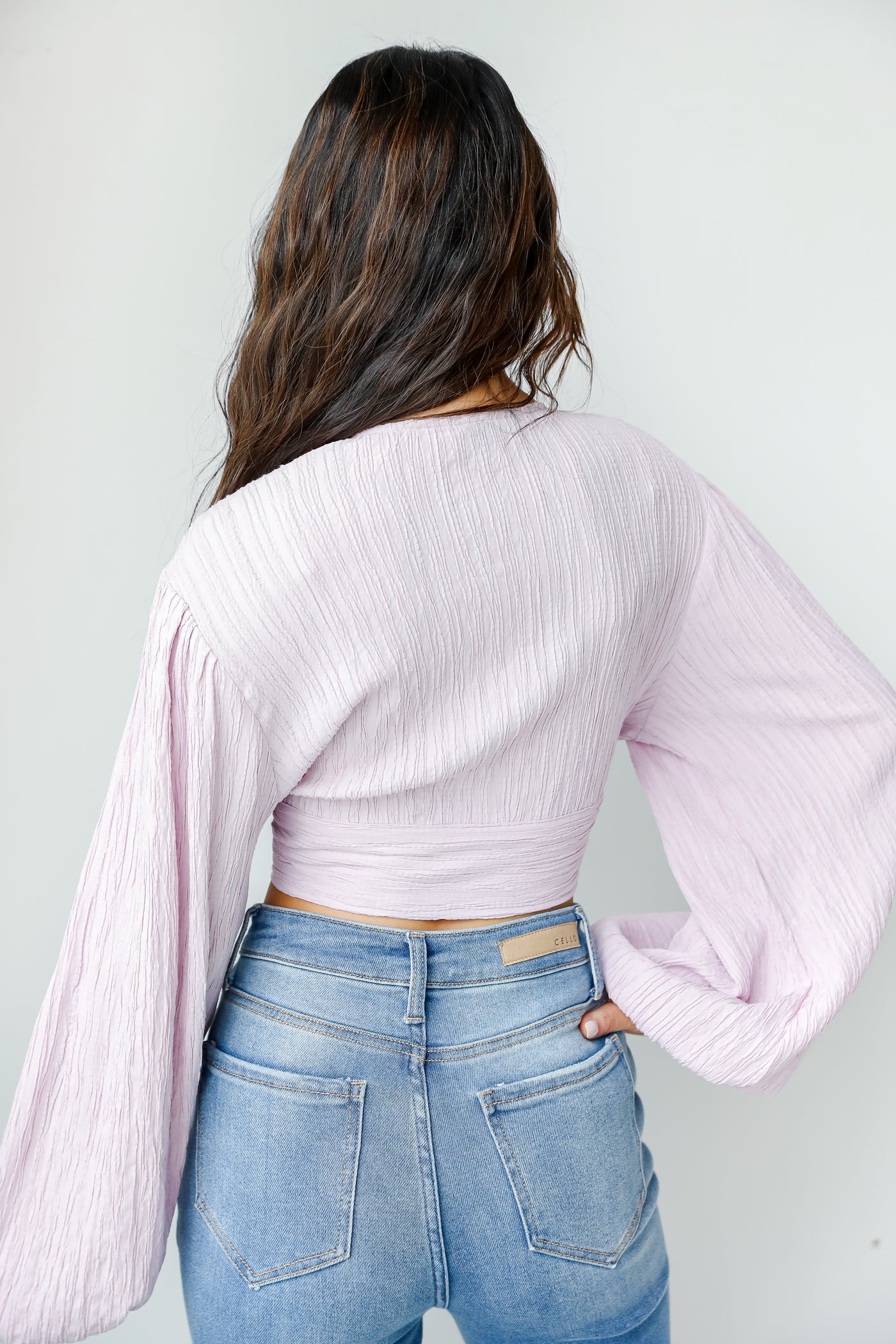 Tie-Front Cropped Blouse in lavender back view
