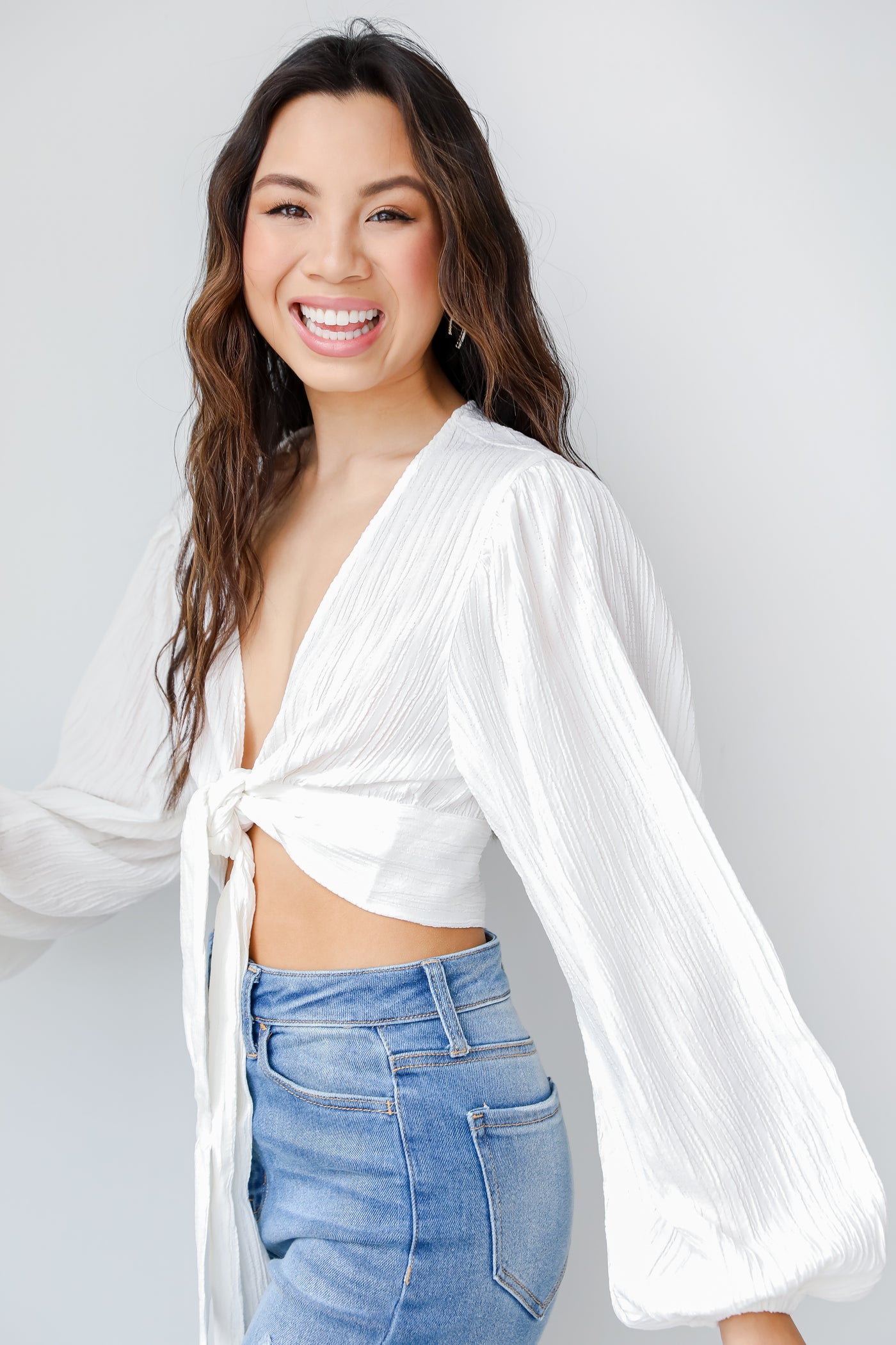 Tie-Front Cropped Blouse in white side view