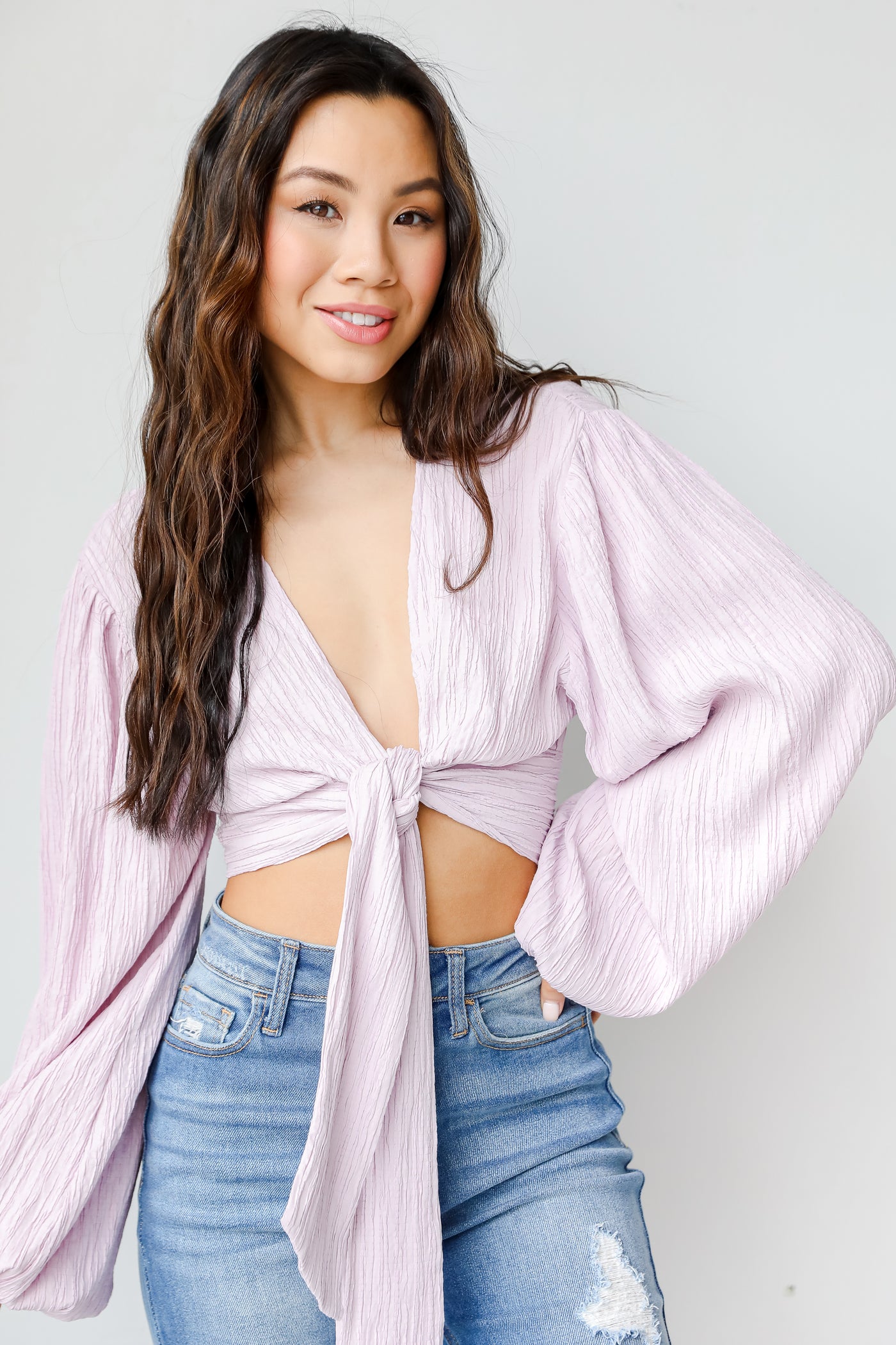 Tie-Front Cropped Blouse in lavender front view