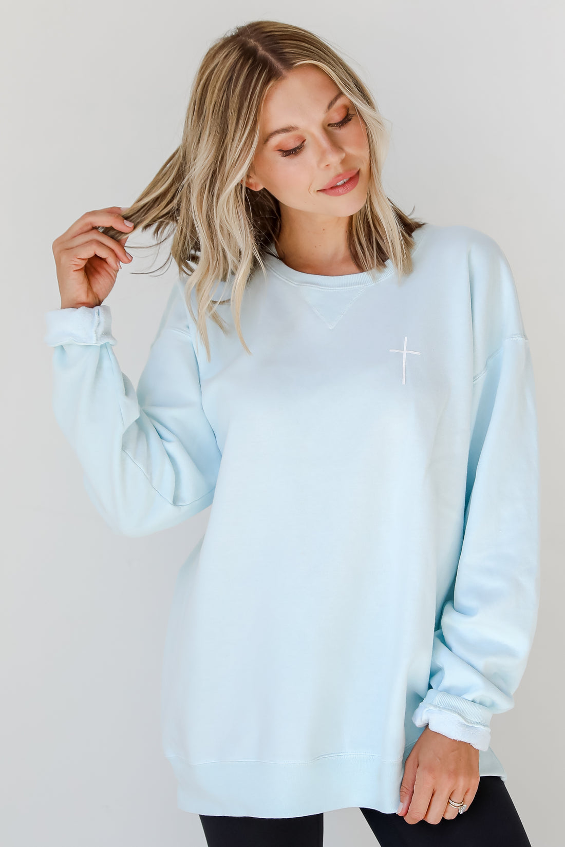 Light Blue God Is Good Cross Pullover. Graphic Christian Sweatshirt. Trendy Oversized Jesus Sweatshirt