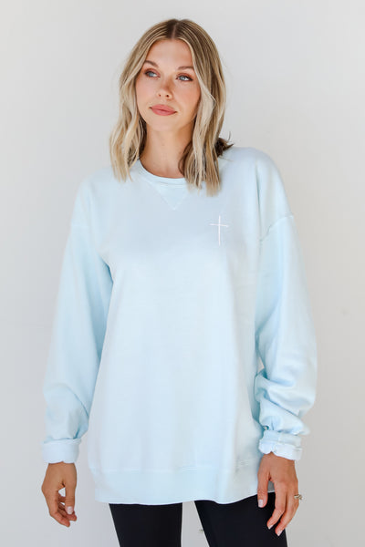 Light Blue God Is Good Cross Pullover front view