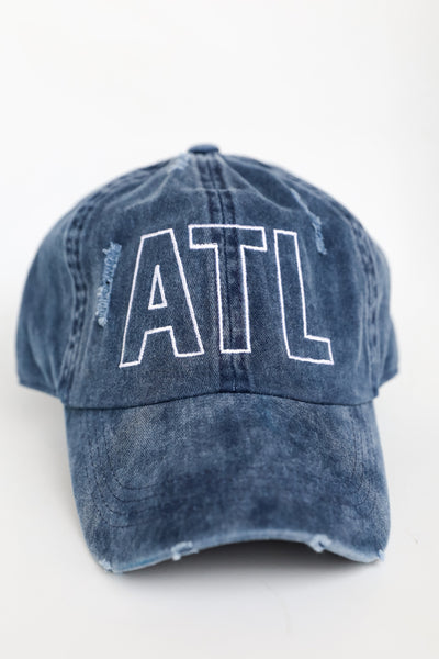 navy ATL Distressed Embroidered Hat close up