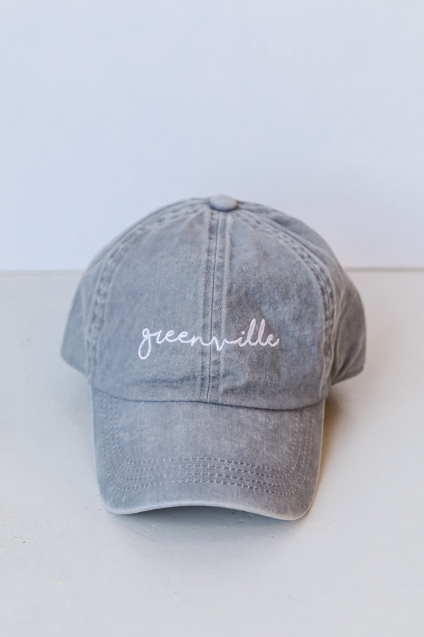 grey Greenville Script Embroidered Hat flat lay