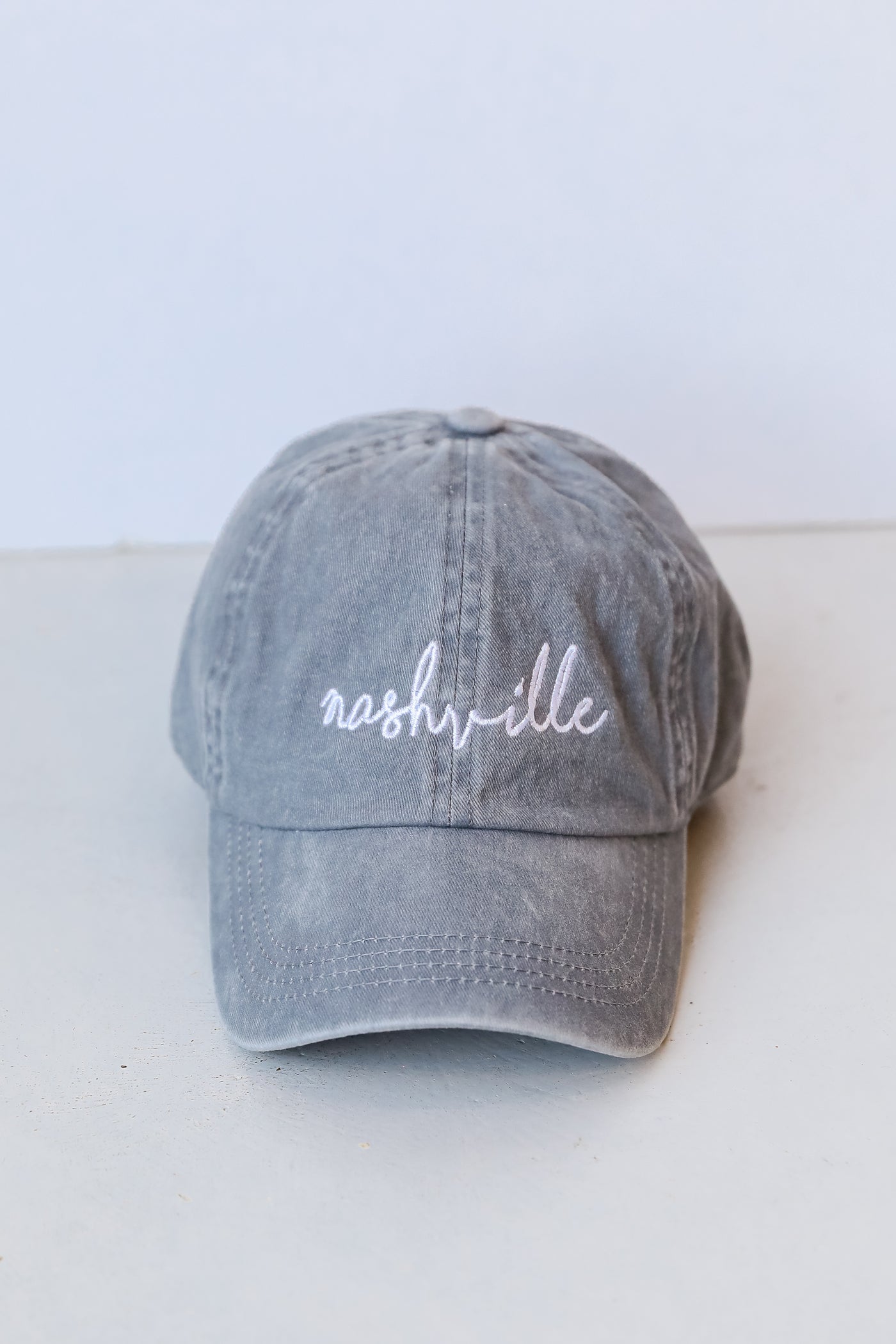 grey Nashville Script Embroidered Hat flat lay