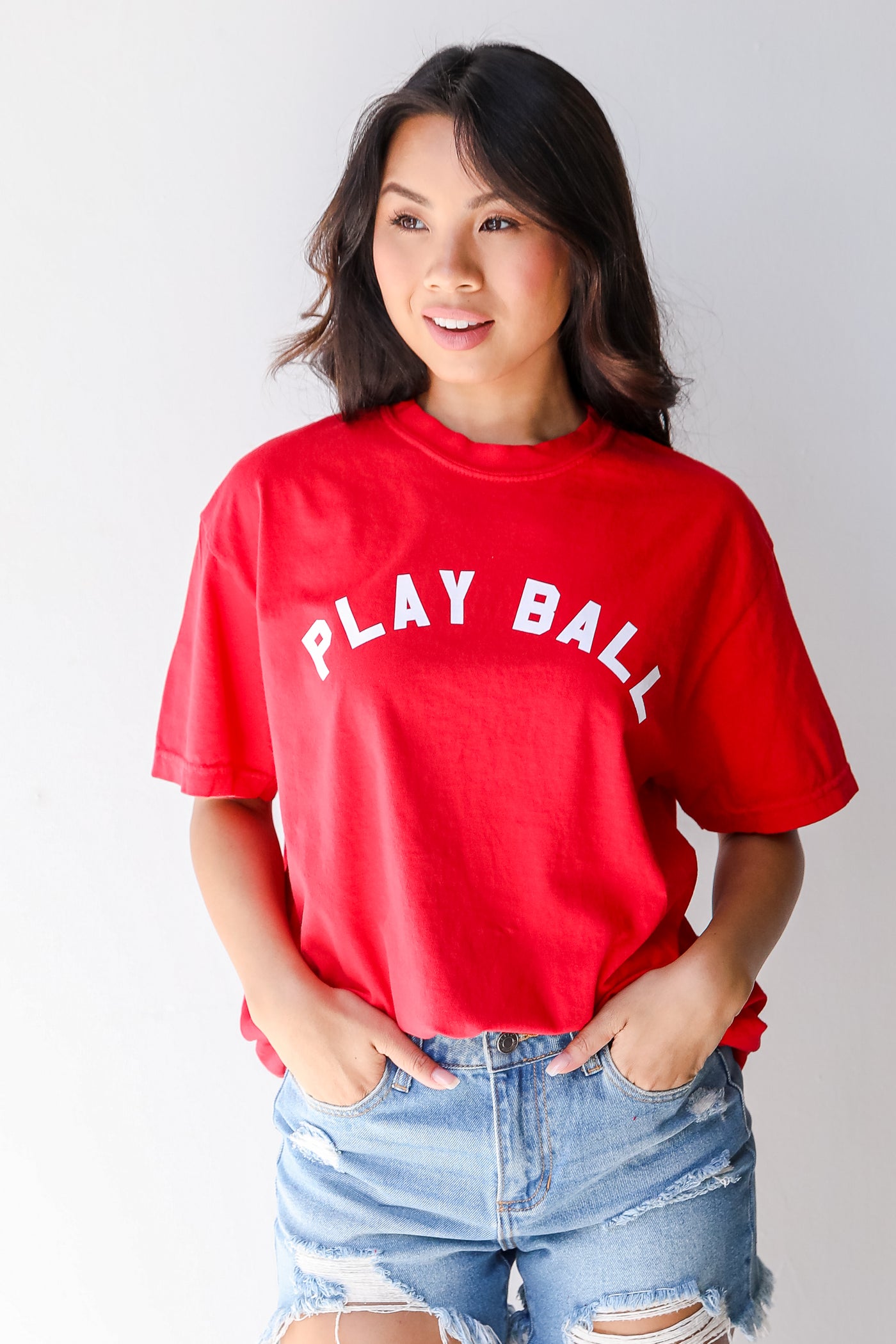 Red Play Ball Graphic Tee on model