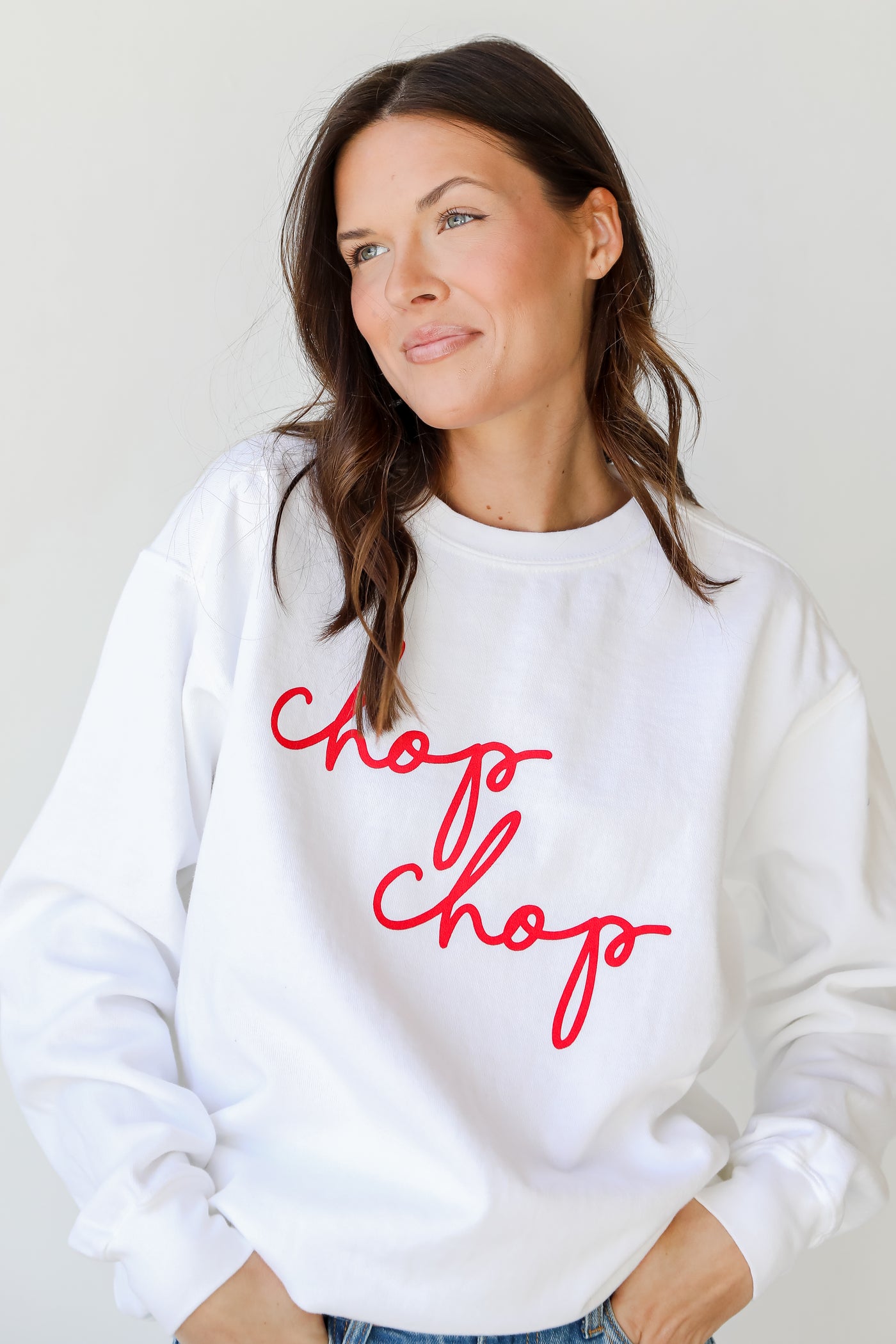 Chop Chop Script Pullover in white on model