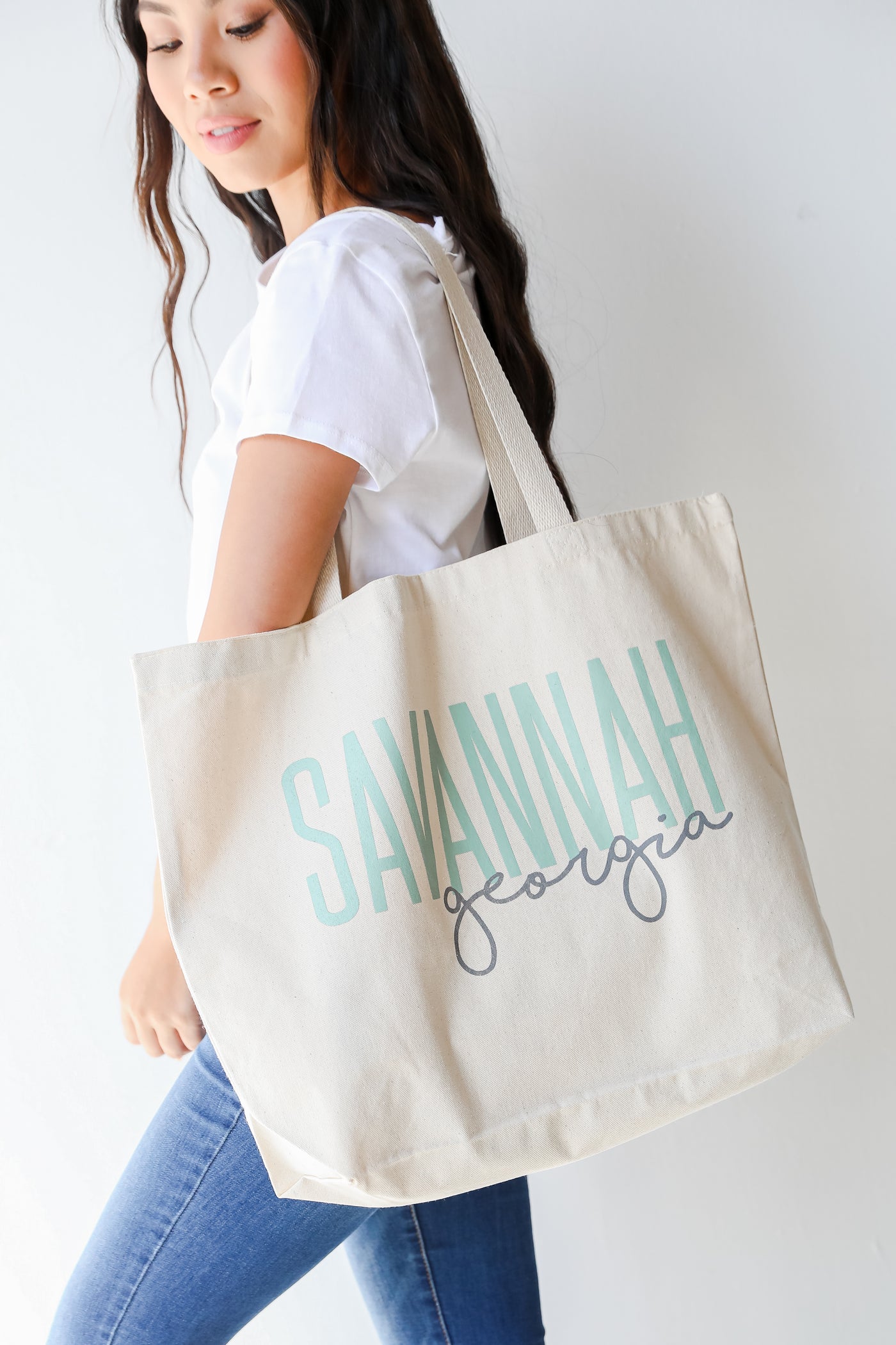 Savannah Georgia Script Large Tote Bag on model