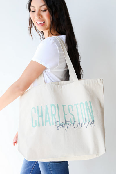 Charleston South Carolina Script Large Tote Bag on model