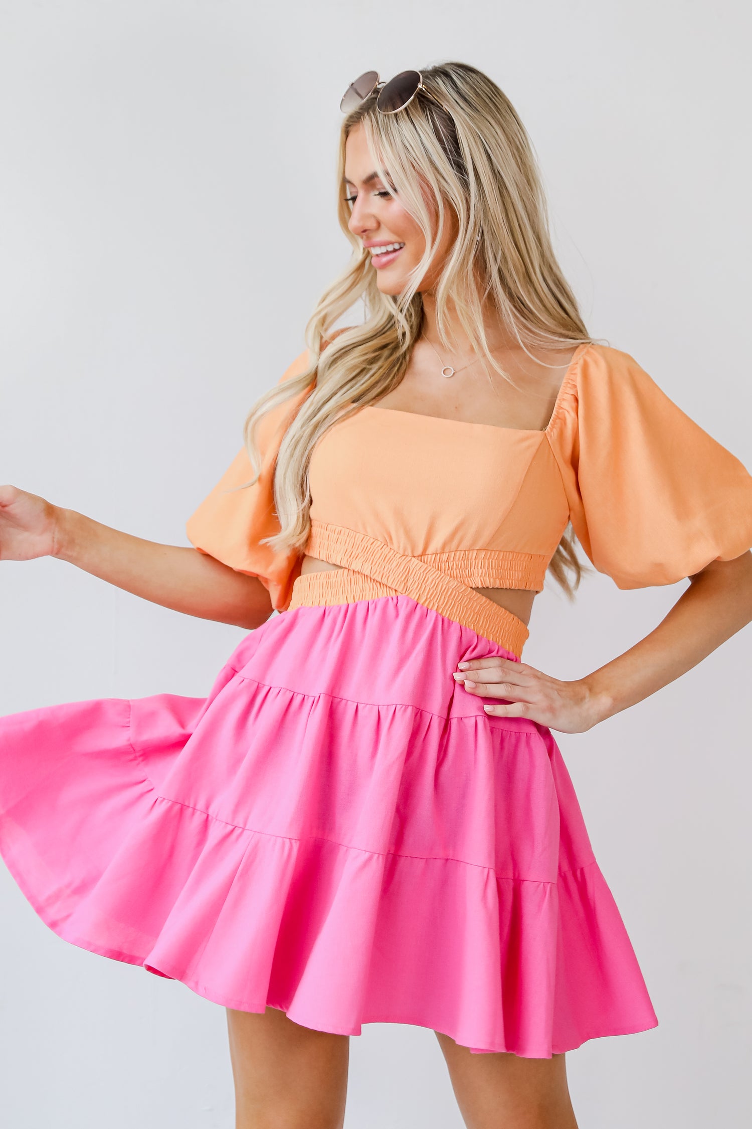 pink Color Block Cutout Mini Dress