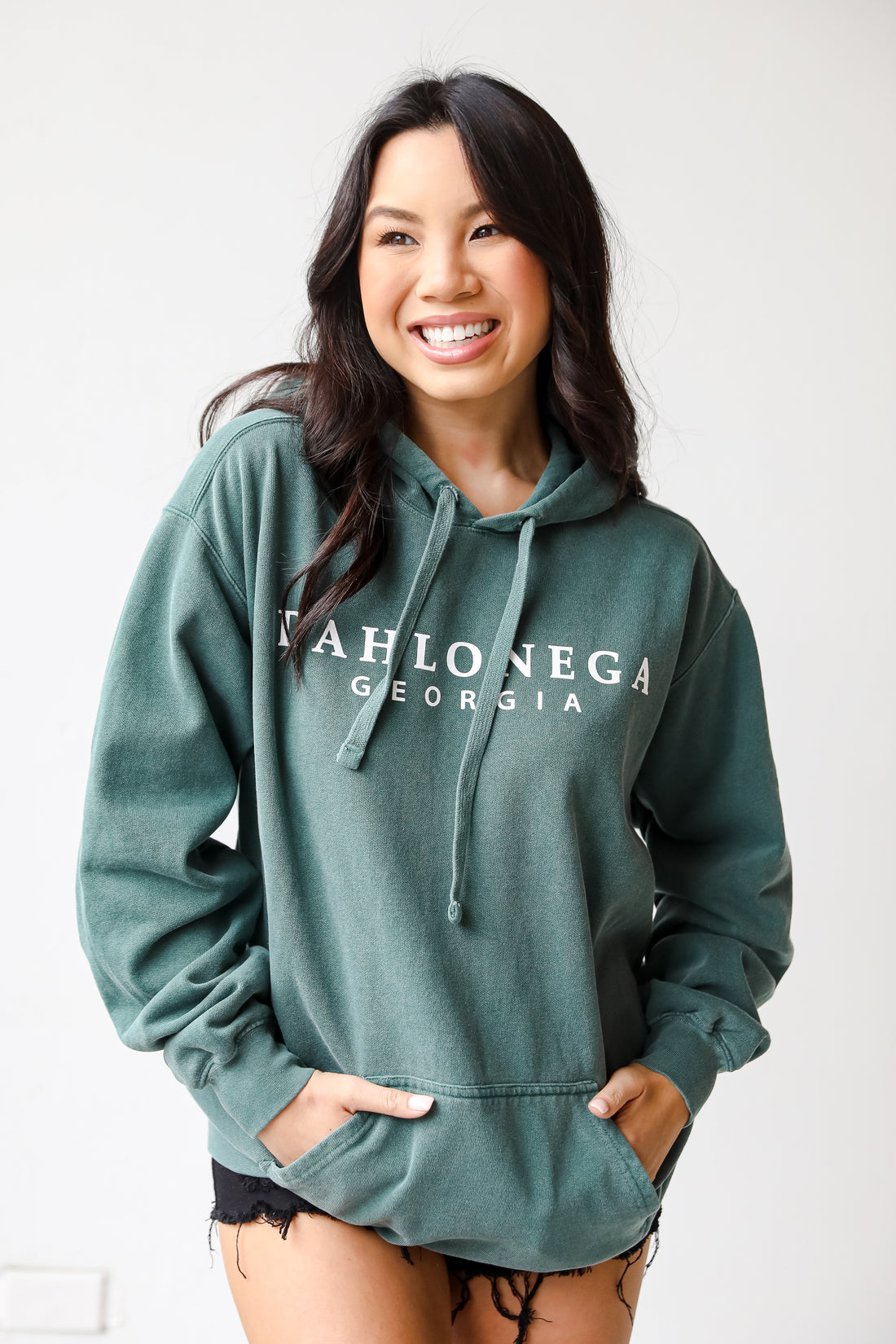 Teal Dahlonega Georgia Hoodie on model