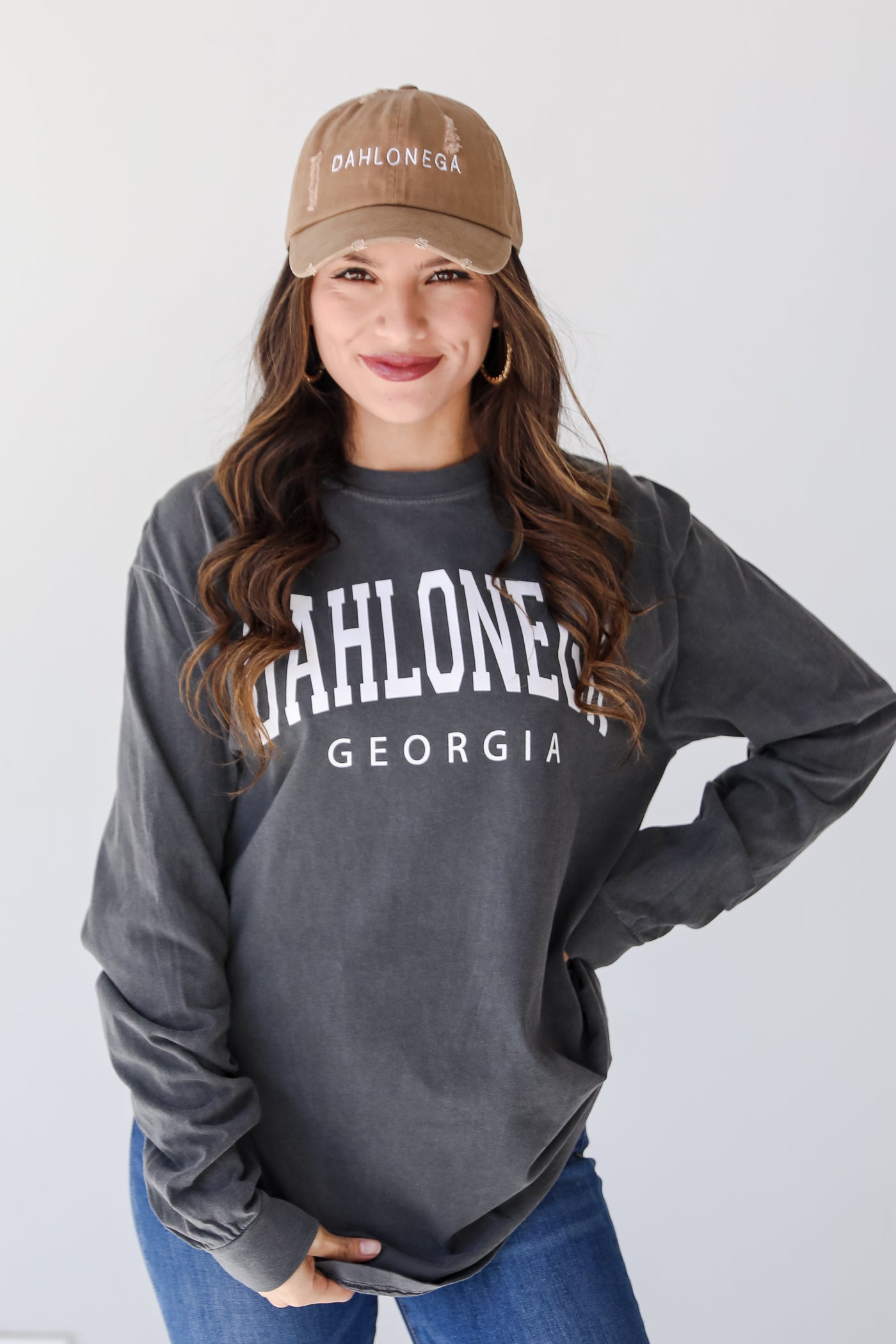 Charcoal Dahlonega Georgia Long Sleeve Tee on model