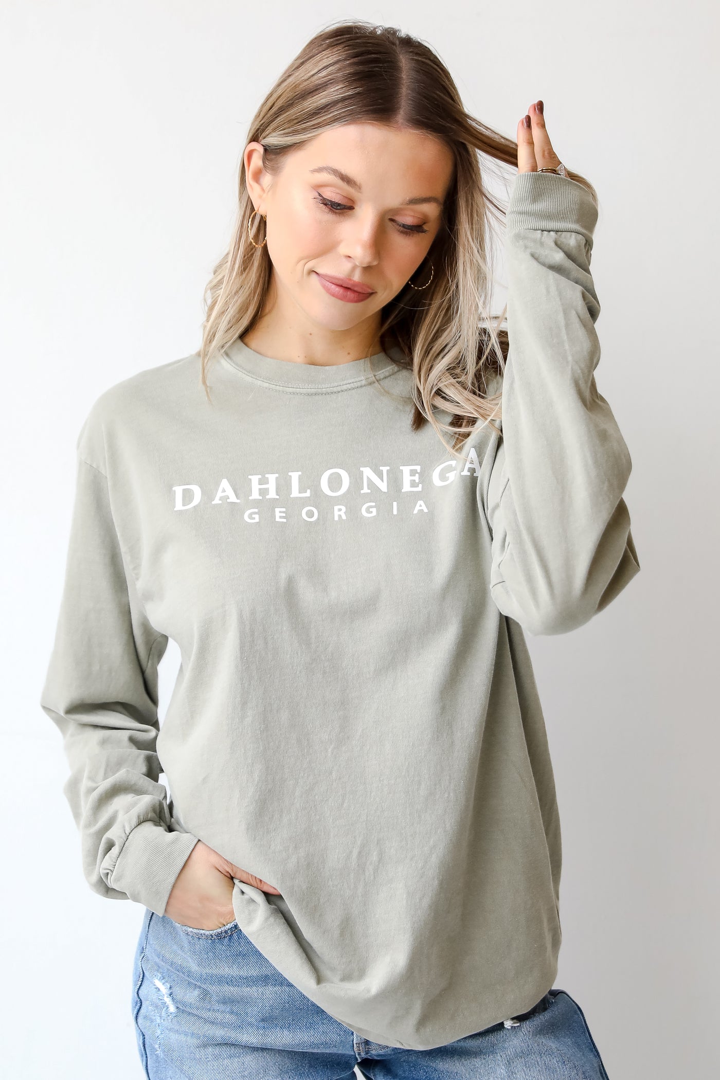 Olive Dahlonega Georgia Long Sleeve Tee on model