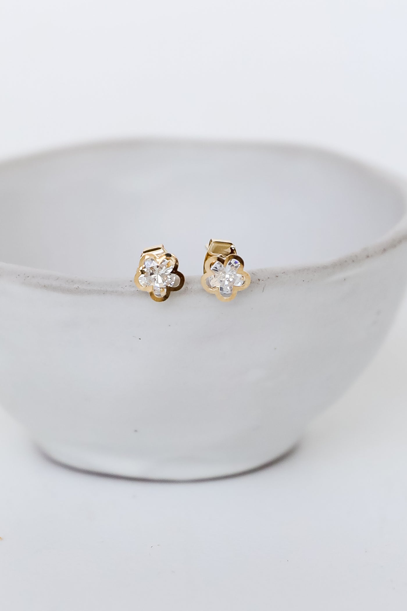 Gold Rhinestone Flower Stud Earrings close up