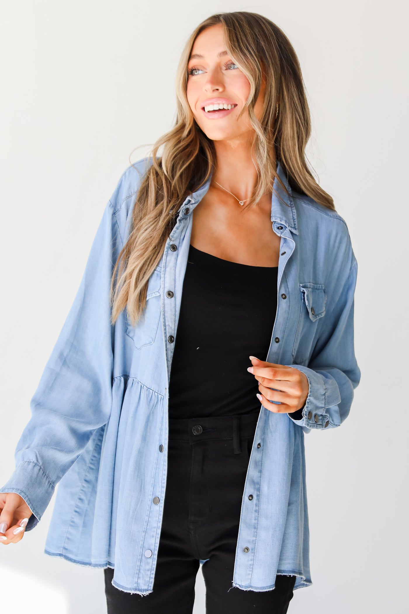 chambray Button-Up Babydoll Blouse
