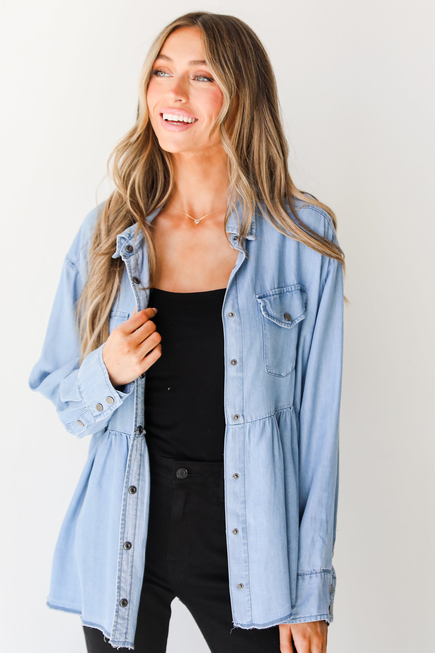 chambray Button-Up Babydoll Blouse on model