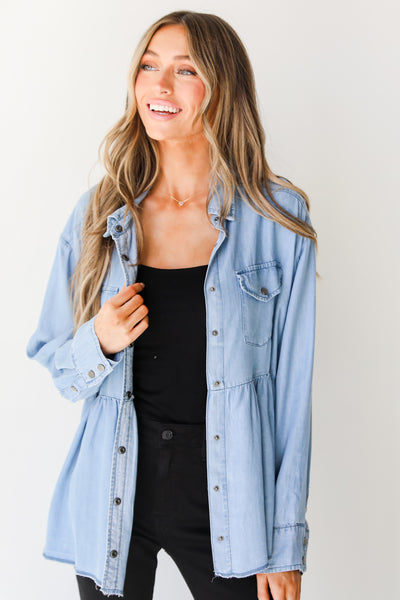chambray Button-Up Babydoll Blouse on model