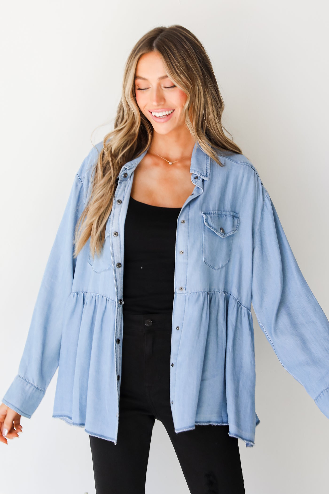 chambray Button-Up Babydoll Blouse front view
