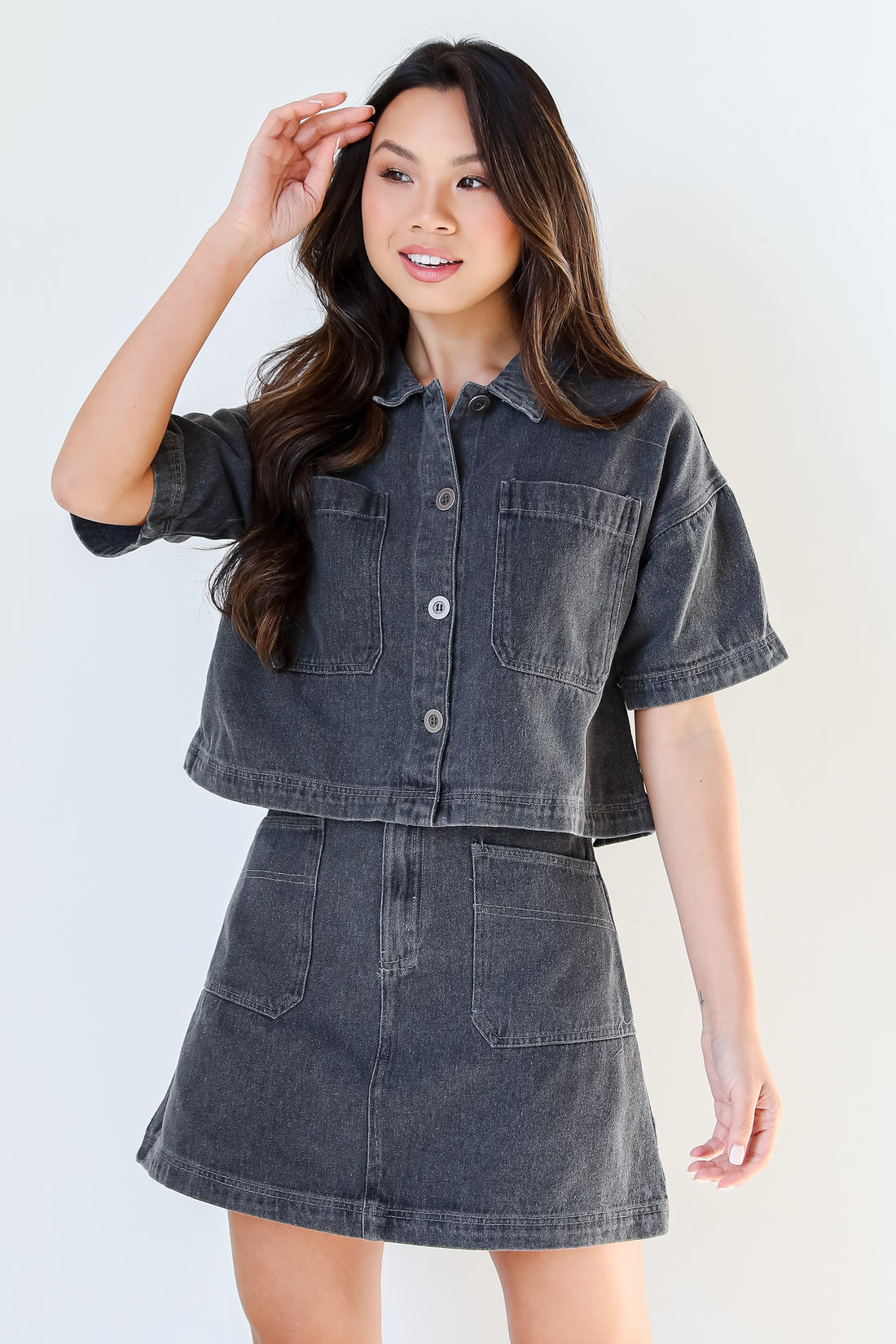 Cropped Denim Button-Up Top on model