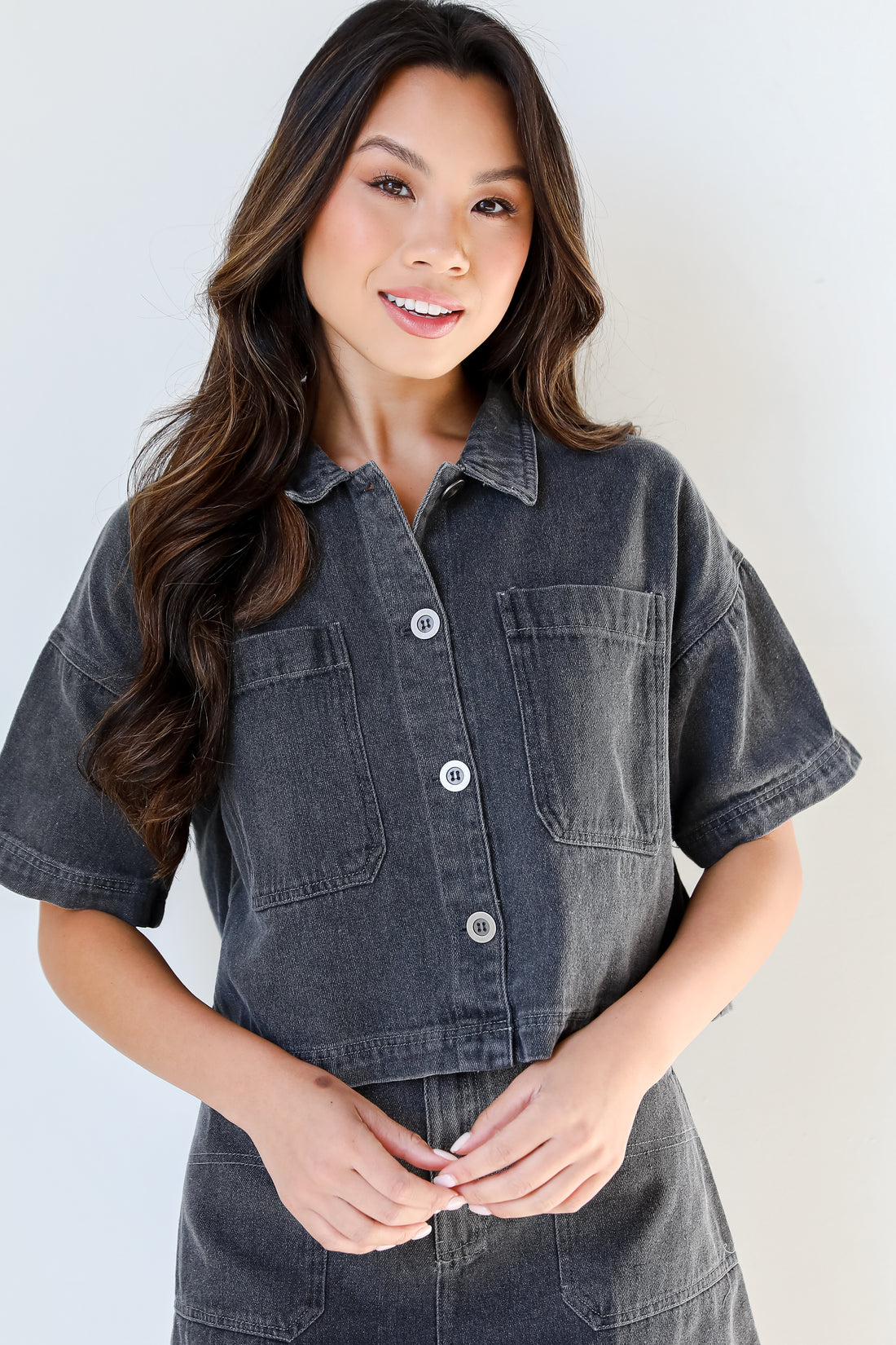 Cropped Denim Button-Up Top