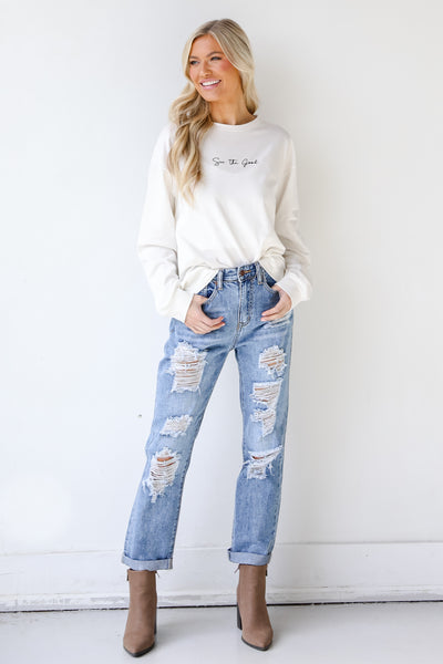 Distressed Boyfriend Jeans on model
