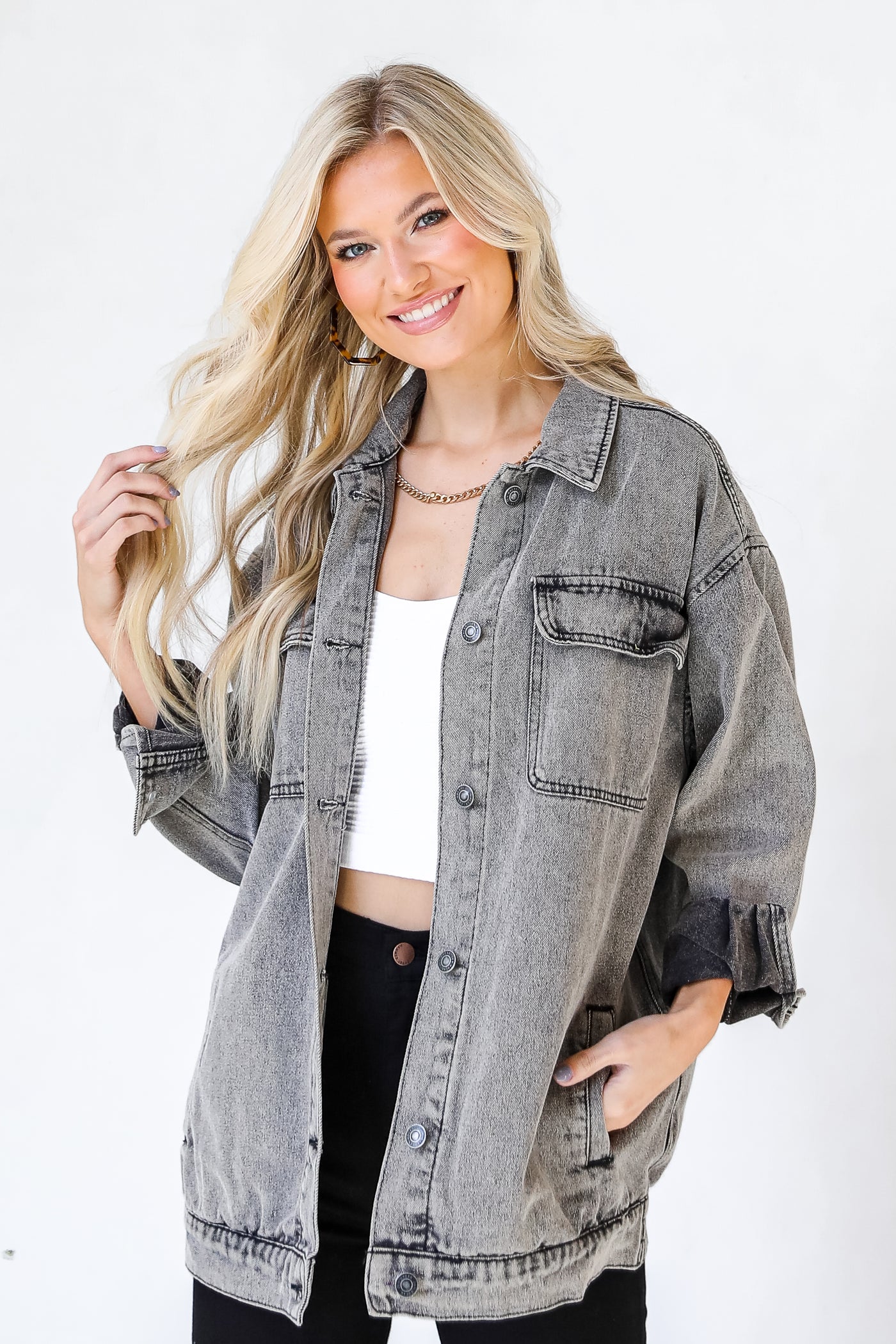 Oversized Denim Jacket in charcoal front view
