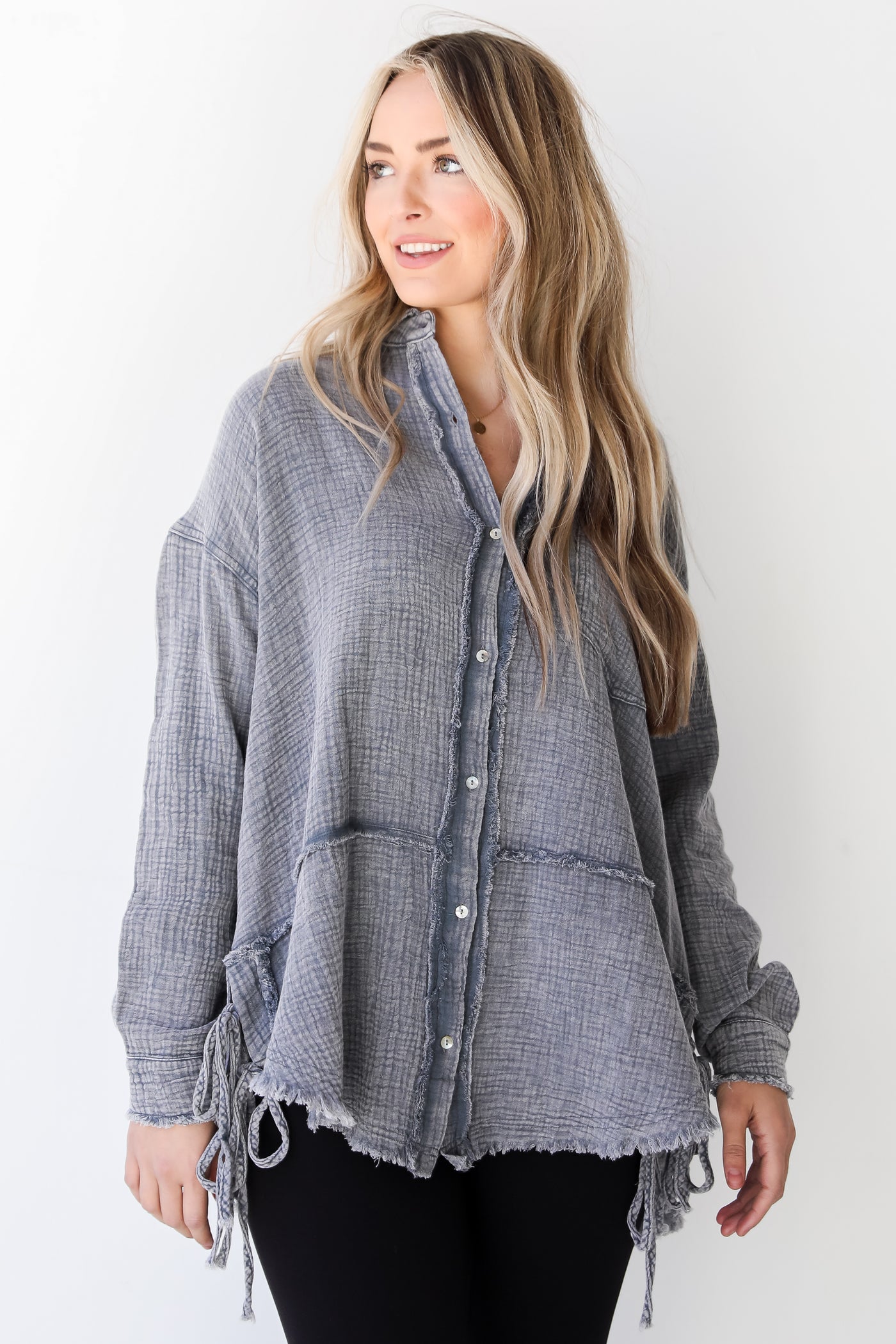 Linen Button-Up Blouse on model
