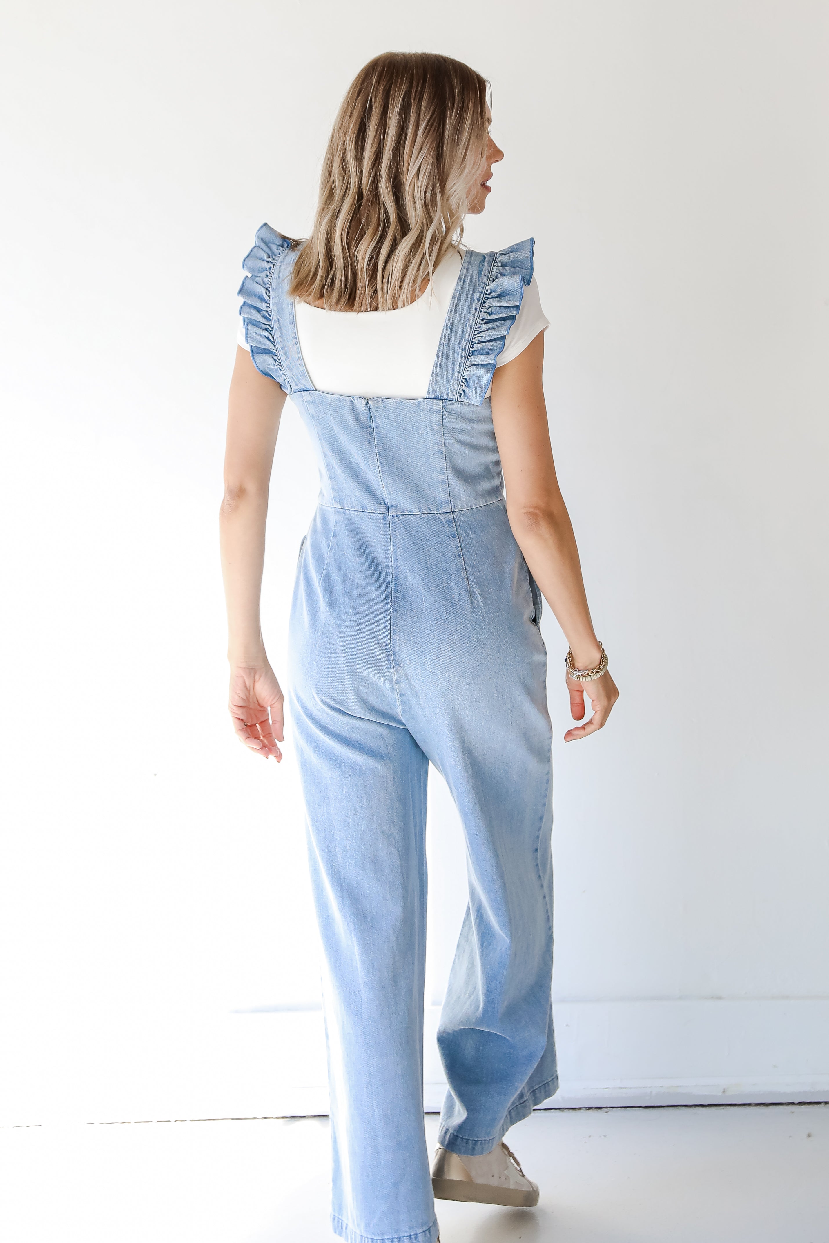 ruffle sleeve denim jumpsuit back view