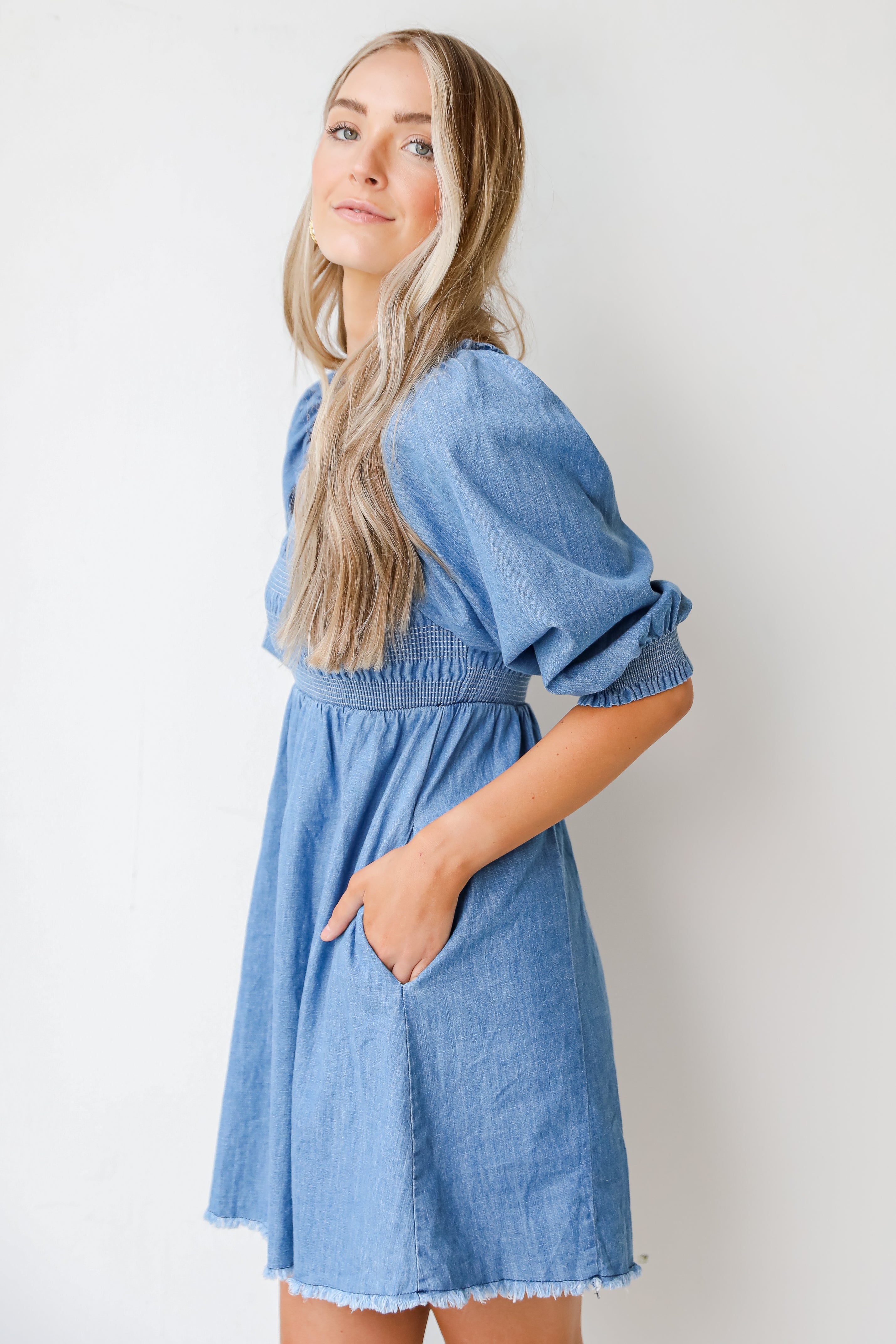 Smocked Denim Dress side view