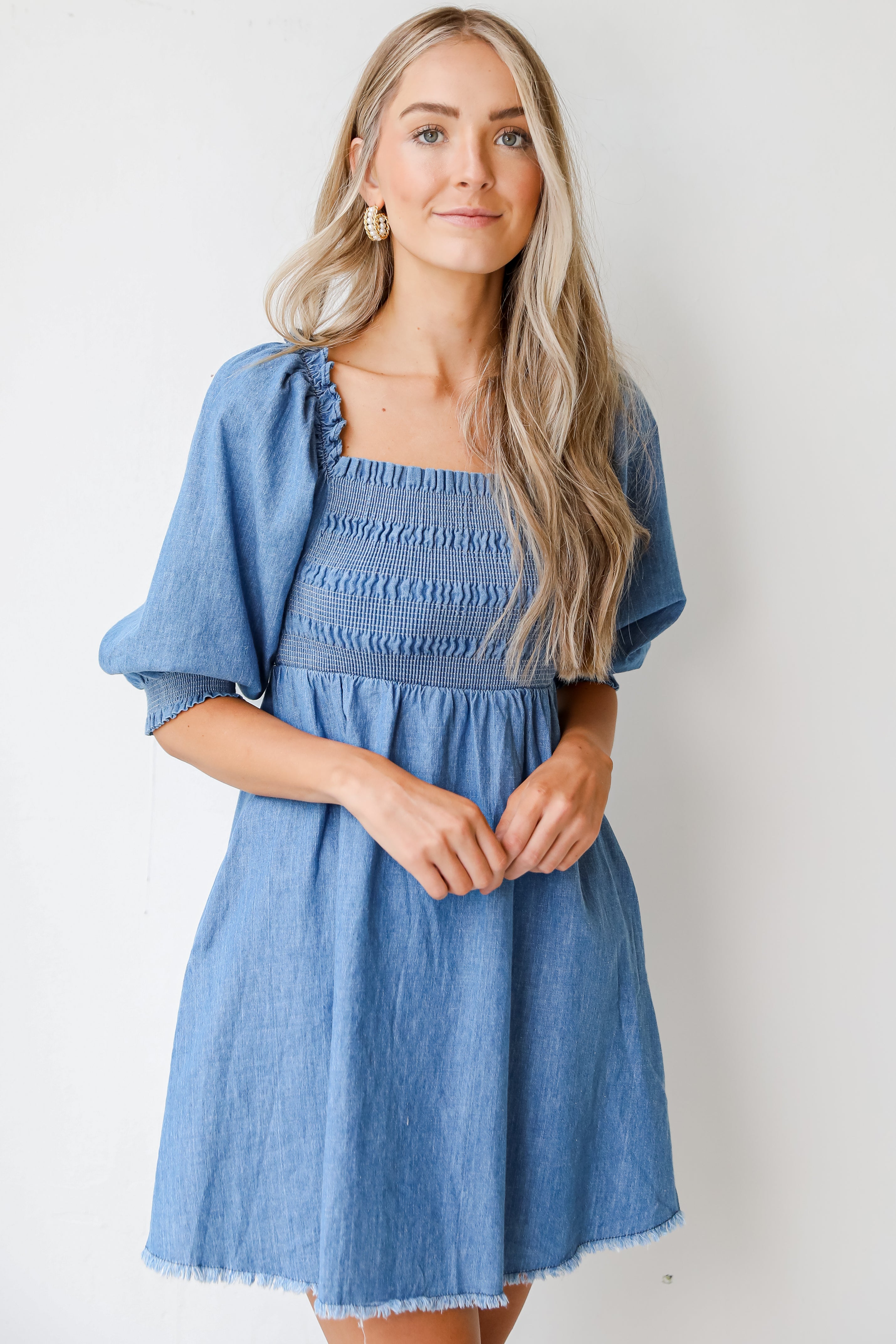 Smocked Denim Dress on model