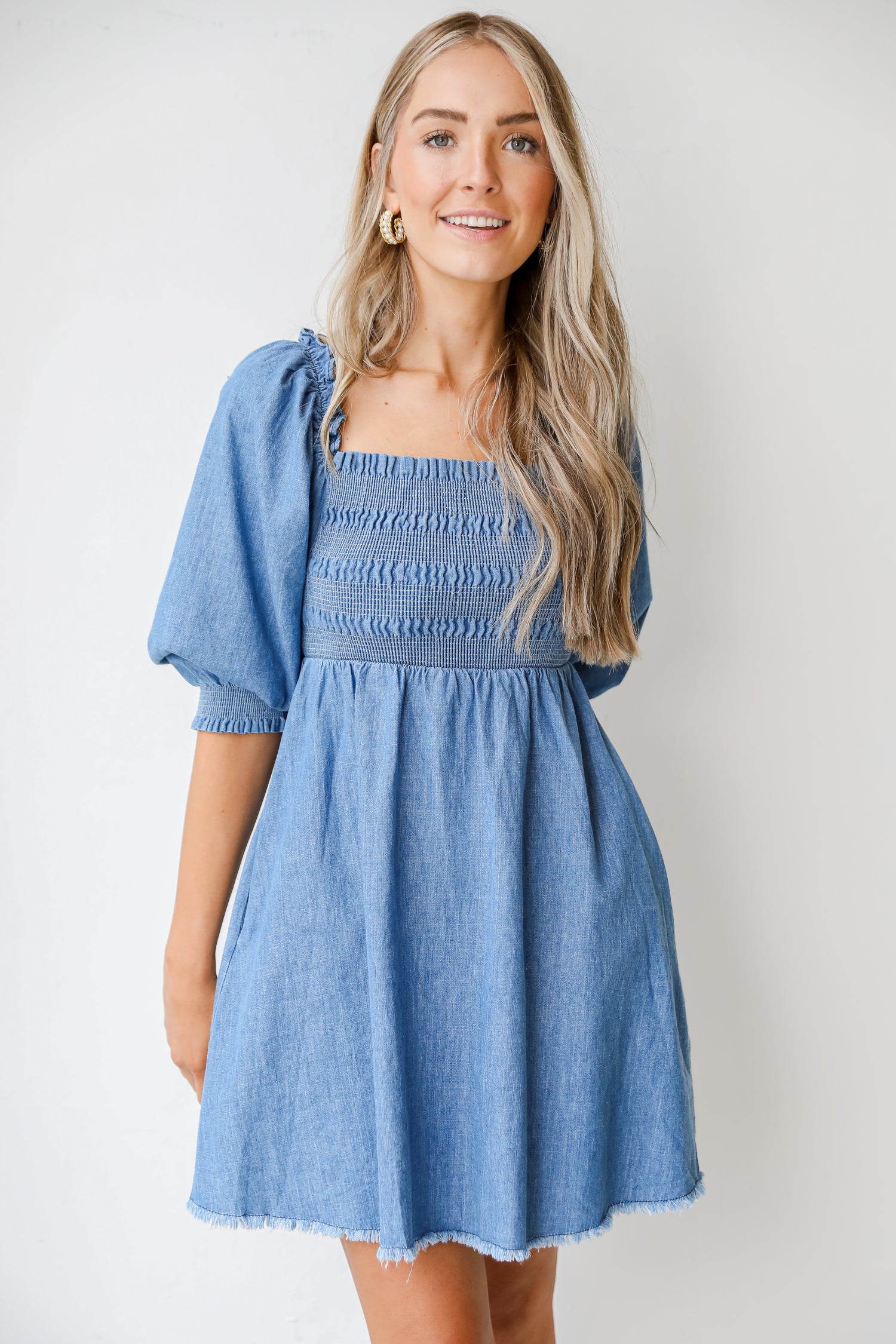 Smocked Denim Dress front view