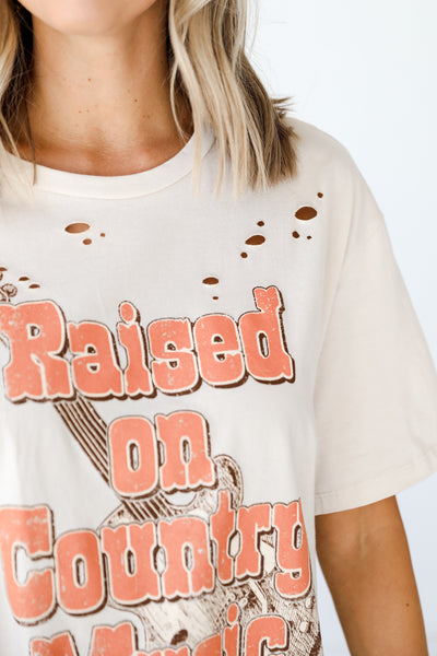 Raised On Country Music Distressed Graphic Tee close up