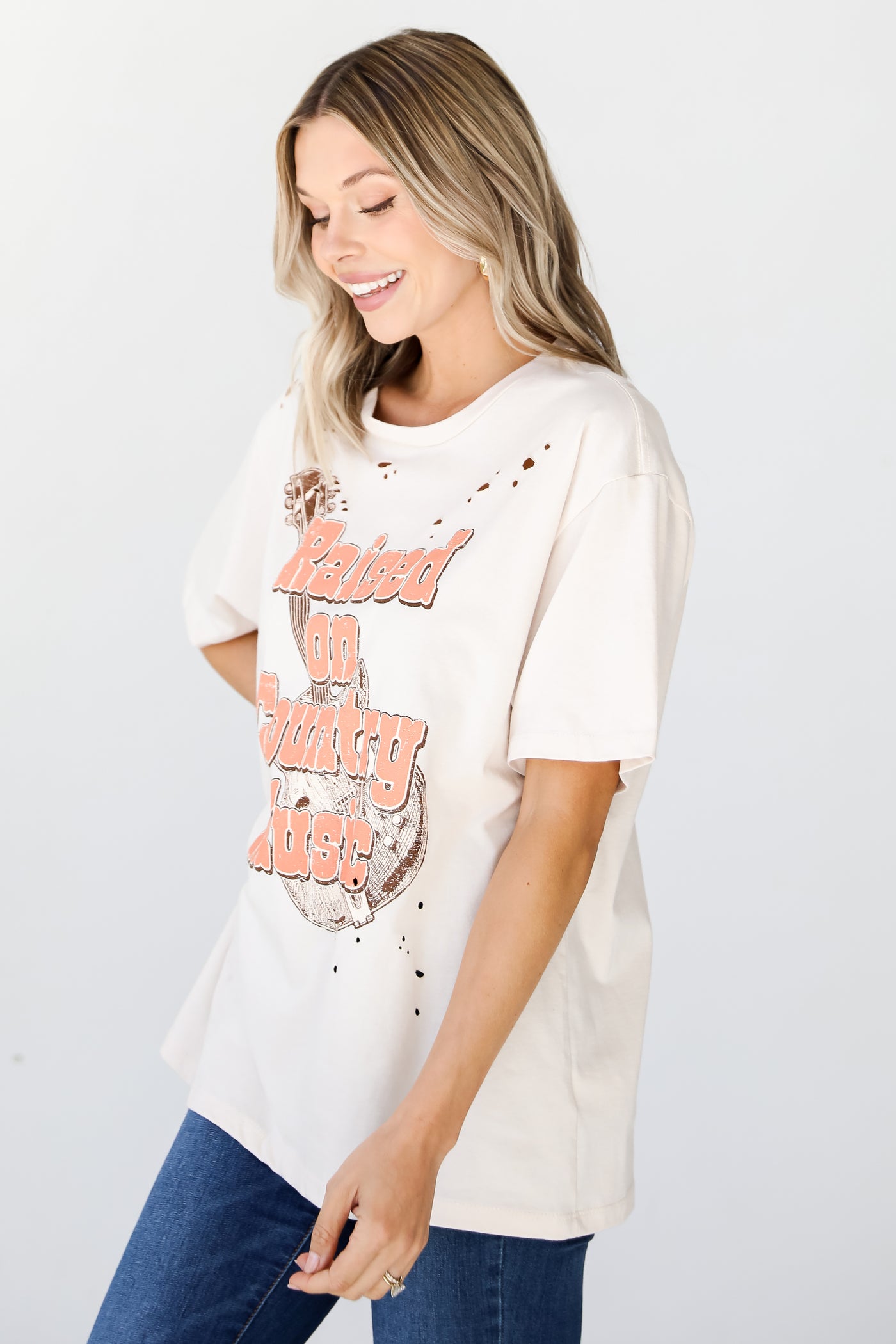 Raised On Country Music Distressed Graphic Tee side view