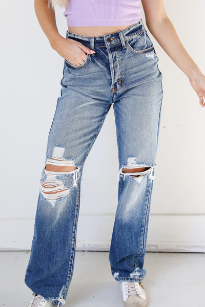 model wearing Distressed Dad Jeans