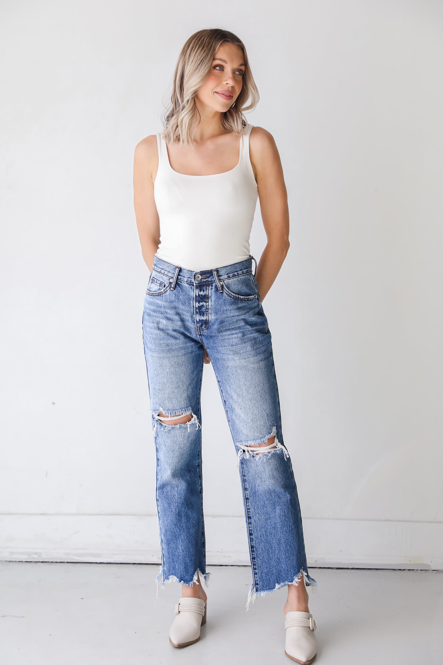 Distressed Straight Leg Jeans on model